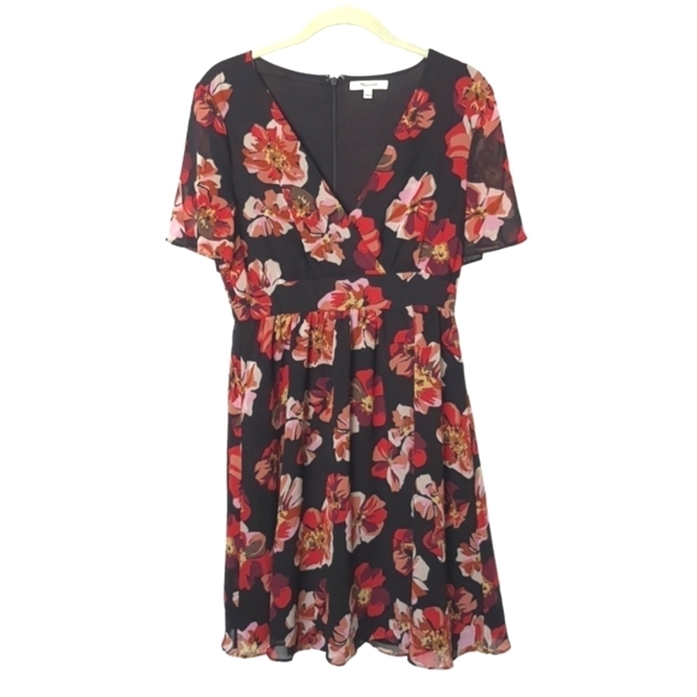 Madewell Mini Red Black Floral Dress Short Sleeves V-neck Size 4 Flowy